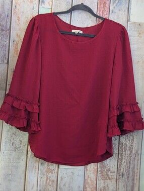 MAX STUDIO Womens Red/ Burgundy Ruffle Sleeve Blouse Sz M